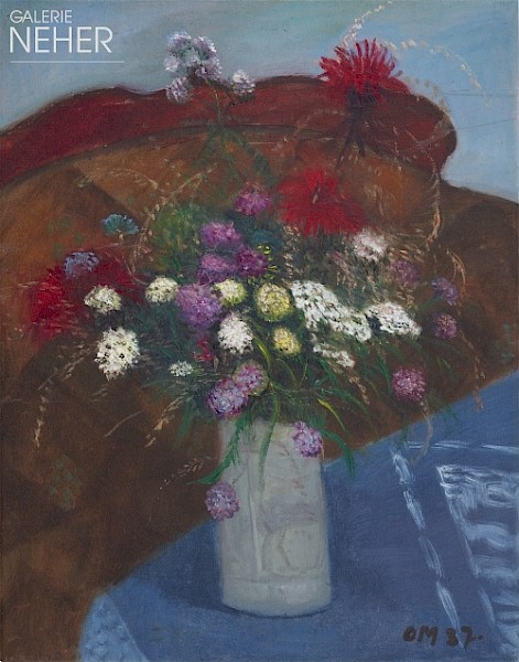 Otto Modersohn, Blumenstrauß auf blauer Decke, (1937)