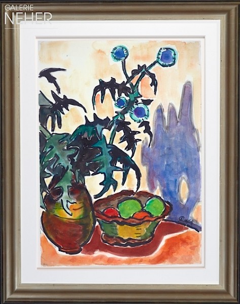 Karl Schmidt-Rottluff, Stilllife with Blue Thistle and Fruit Bowl, (1958)