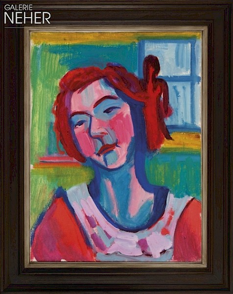 Ernst Ludwig Kirchner, Mädchenkopf mit Holzfigur am Fenster, (1919-1920)