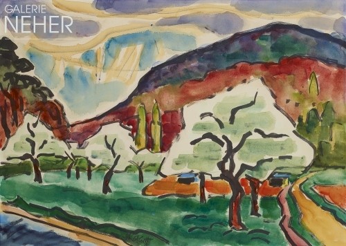 Karl Schmidt-Rottluff, Blühende Bäume vorm Berg, (1960)
